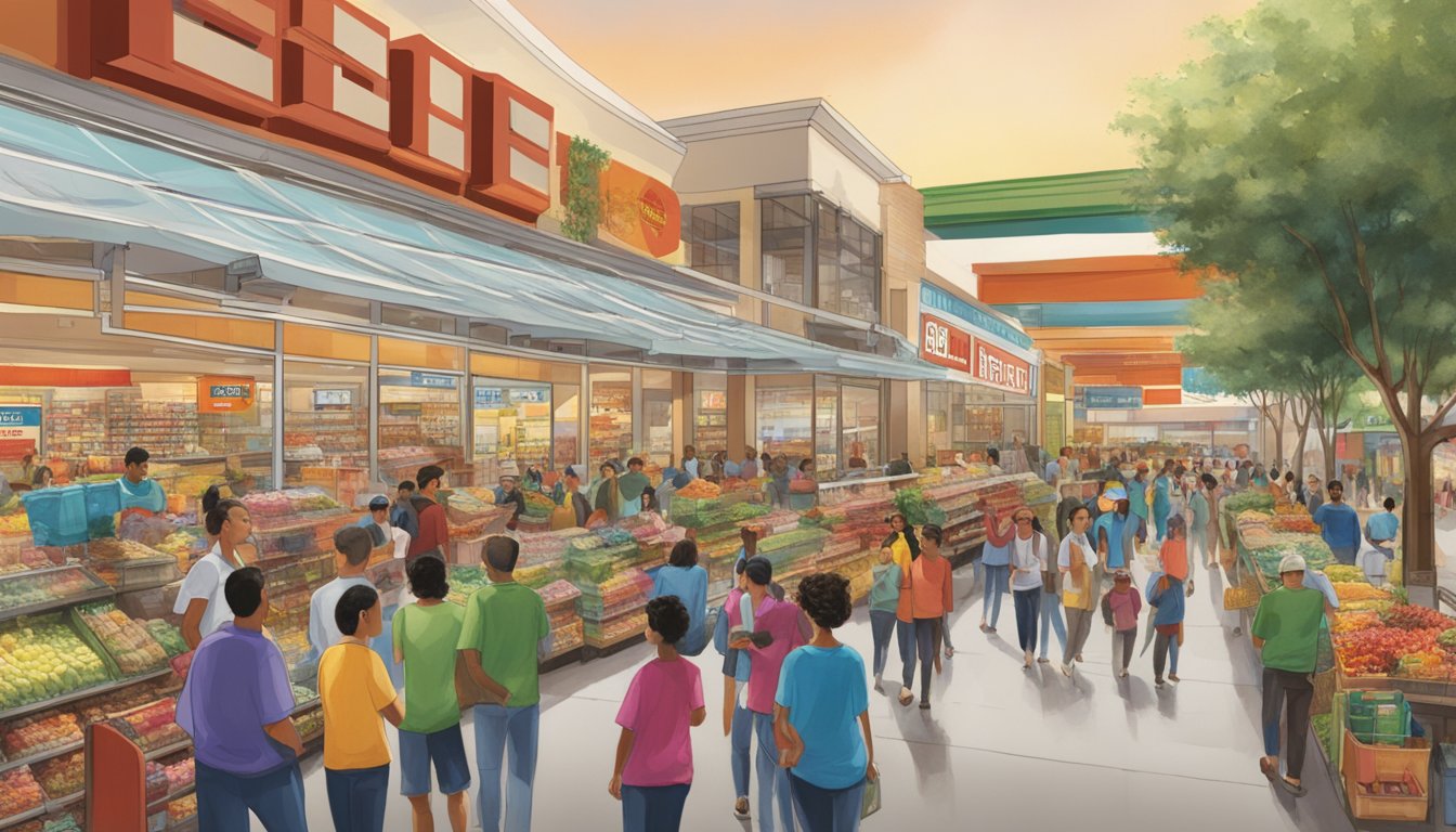 HEB's expansion into Mexico: bustling cityscape with HEB storefront and diverse crowd of shoppers