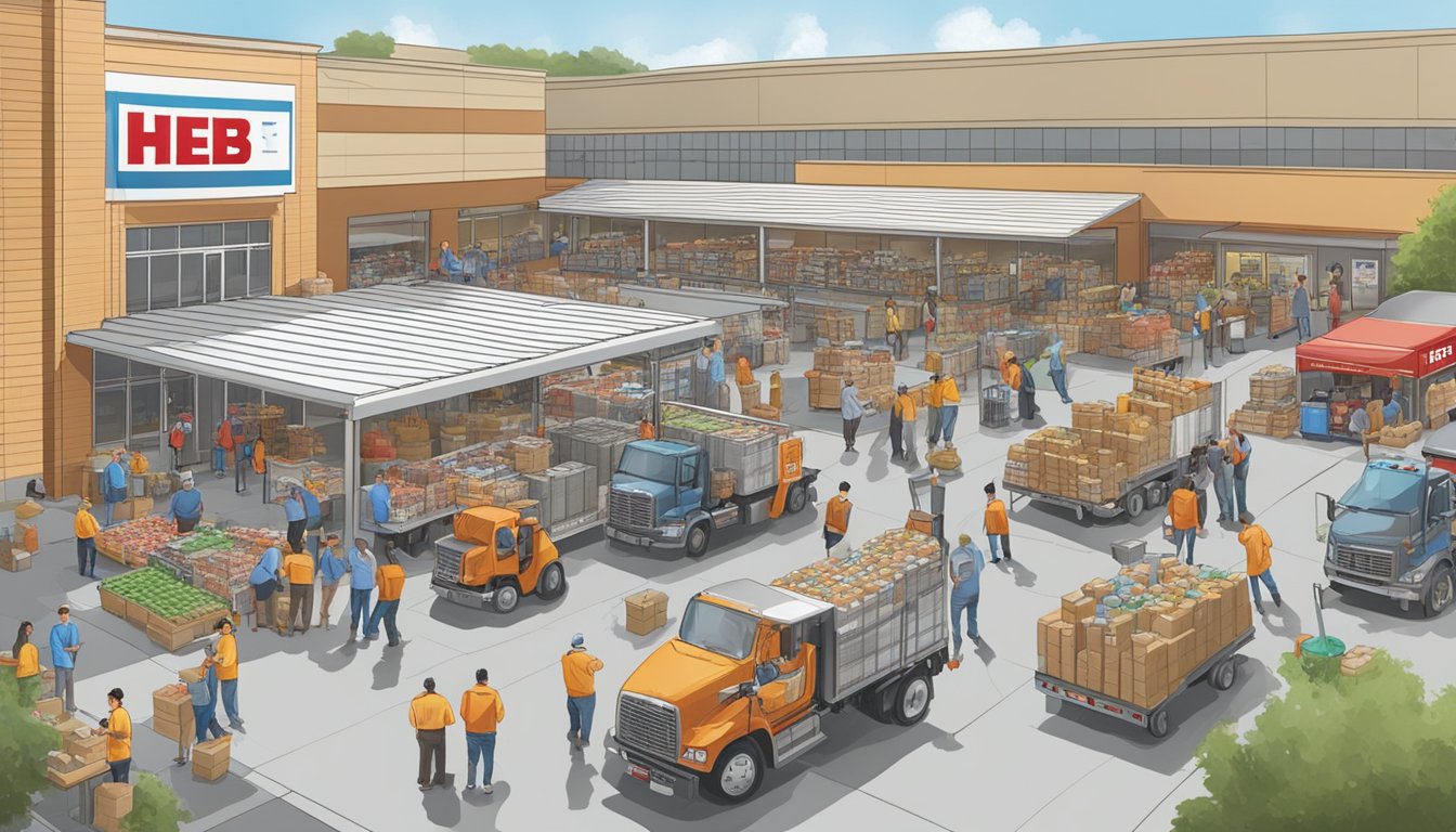 A bustling HEB store with volunteers distributing supplies to a line of people. Trucks unload water and food while workers organize relief efforts