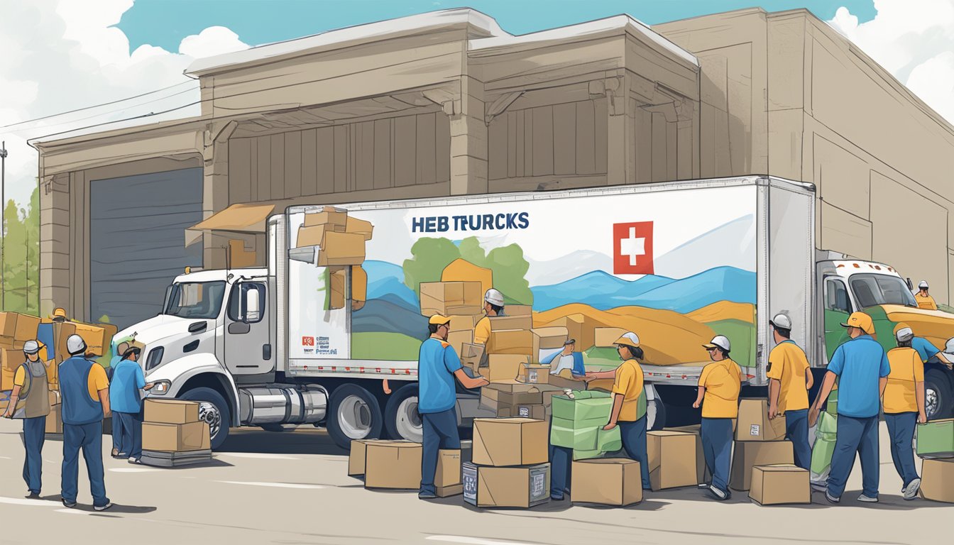 A bustling scene of HEB trucks delivering supplies to a disaster-stricken region, with volunteers unloading and distributing aid to grateful community members