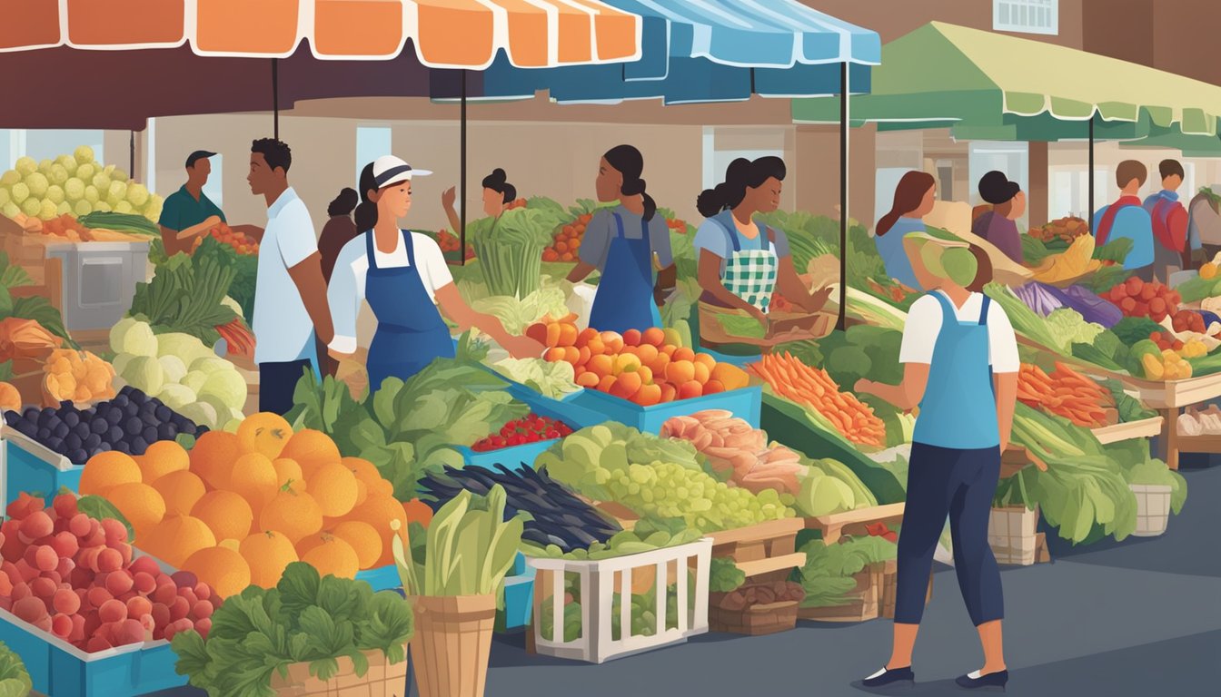 A bustling farmer's market with colorful fruits and vegetables displayed alongside fresh seafood on ice. A sign proudly states "Locally Sourced" above the vibrant produce