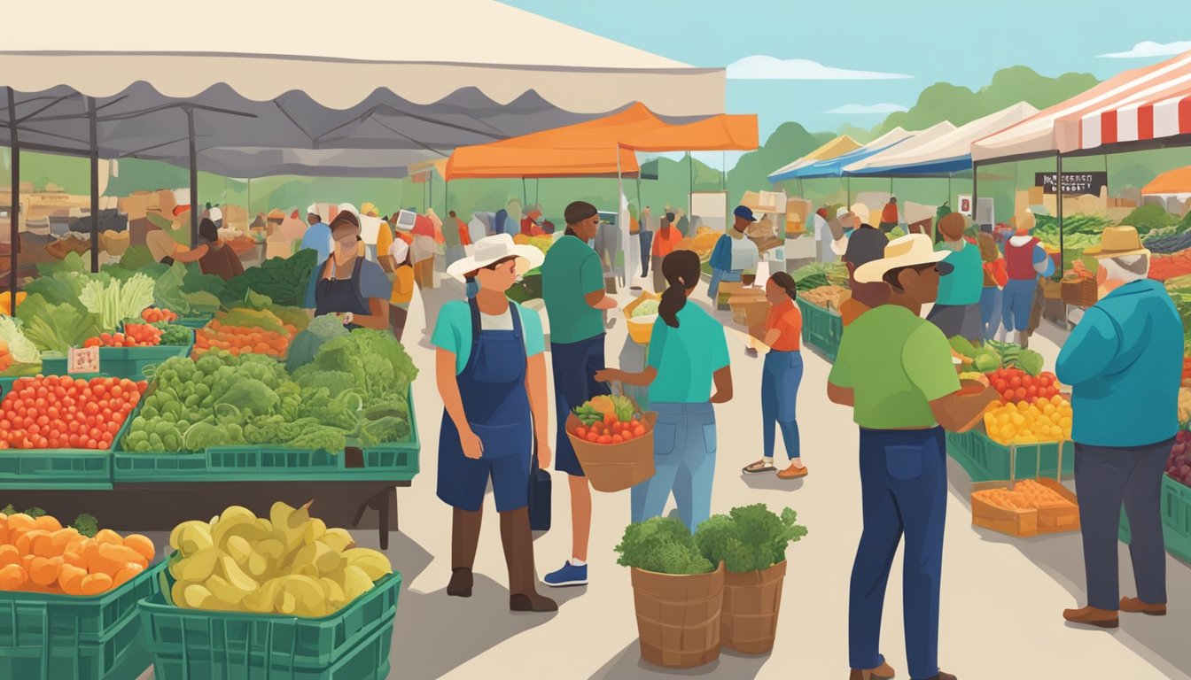 A bustling farmer's market with HEB representatives selecting fresh produce from local Texas farmers