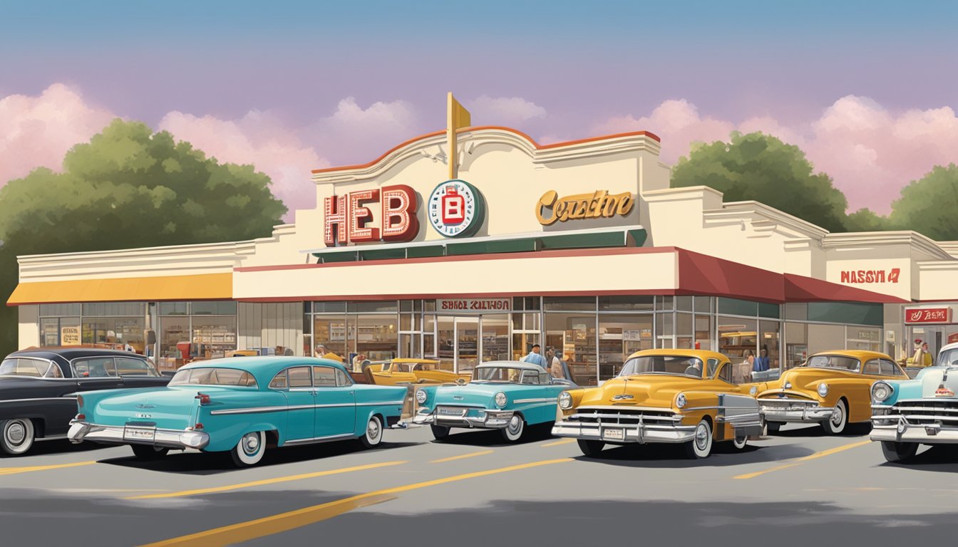 A bustling mid-20th century HEB store with vintage signage, retro architecture, and classic cars in the parking lot