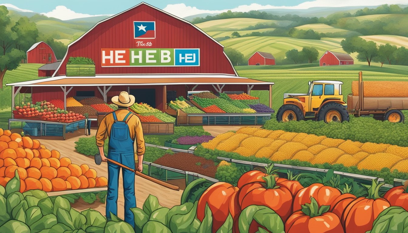 A vibrant Texas farm with rows of crops and a farmer proudly displaying fresh produce, while the H-E-B logo is prominently displayed in the background