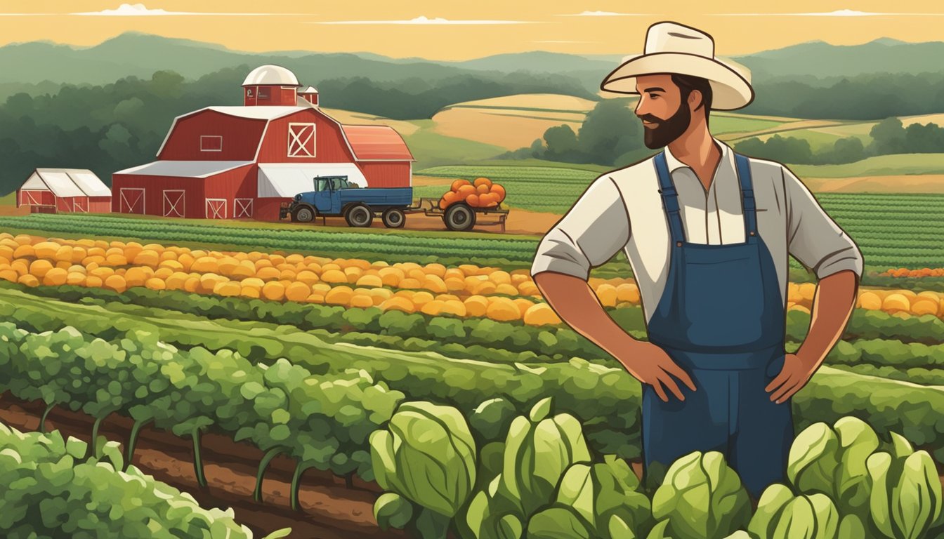 A bustling Texas farm with rows of crops and a farmer proudly displaying produce