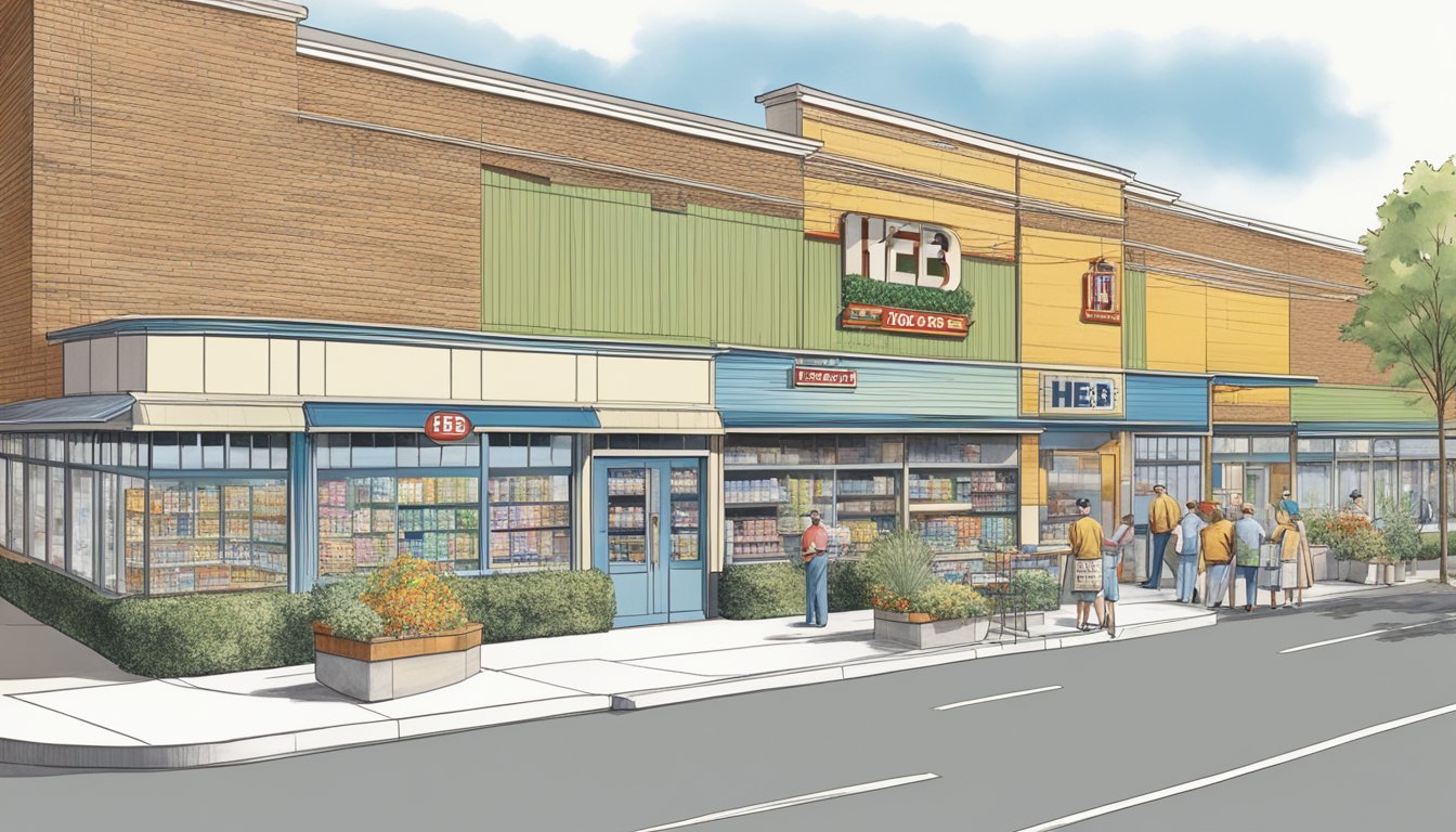 A timeline of HEB store designs from the 1950s to present, showcasing architectural changes and technological advancements