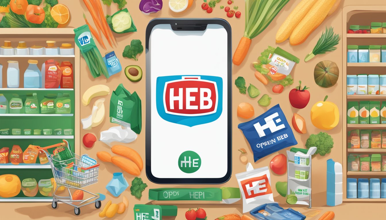 A smartphone with the H-E-B app open, surrounded by grocery items and the H-E-B logo