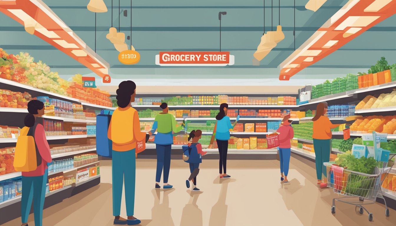 A bustling grocery store with shoppers using the My H-E-B app to scan items, check prices, and receive personalized deals while navigating the aisles