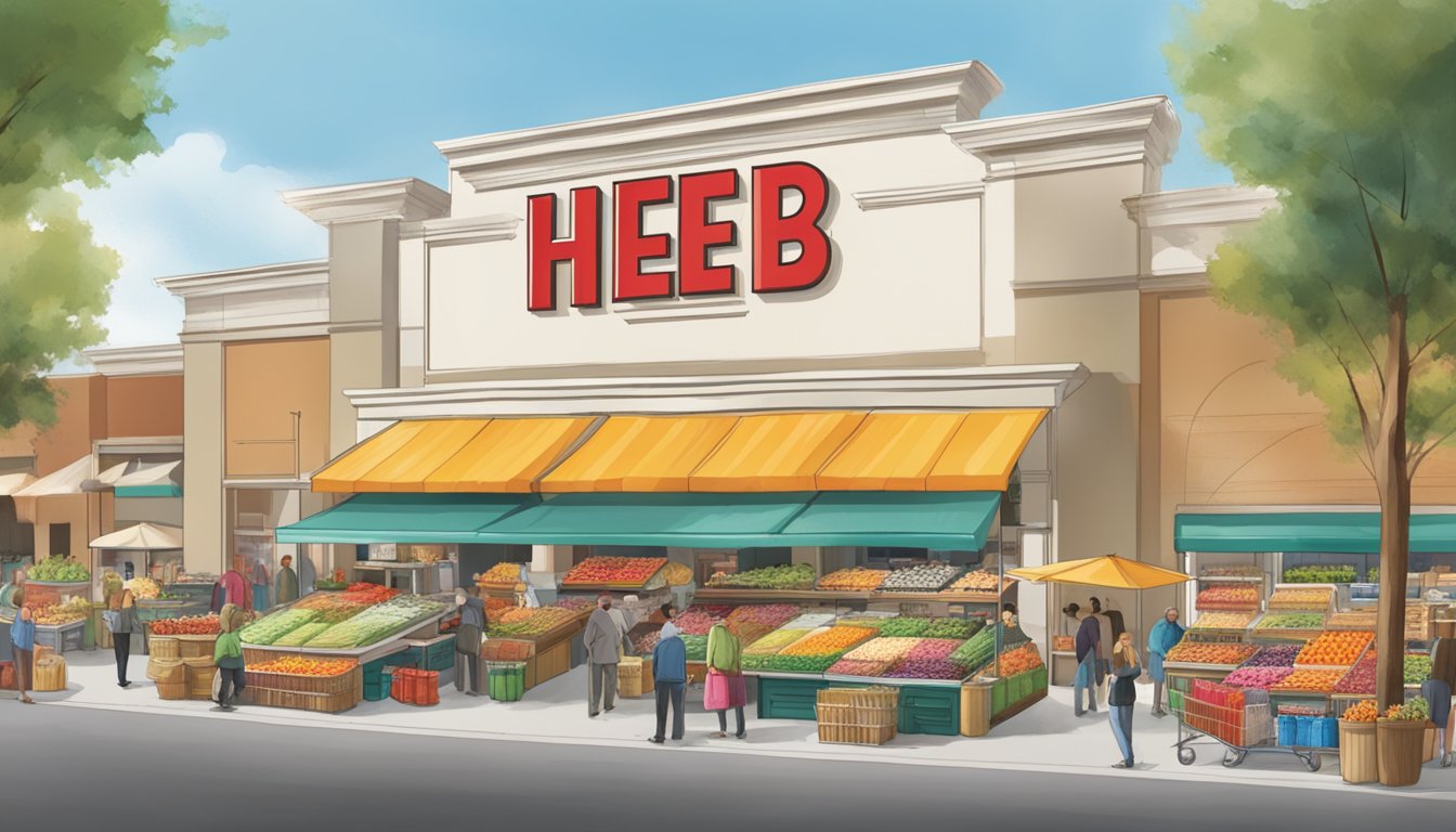 A bustling market with colorful stalls and a diverse array of gourmet products. The HEB logo prominently displayed above the entrance