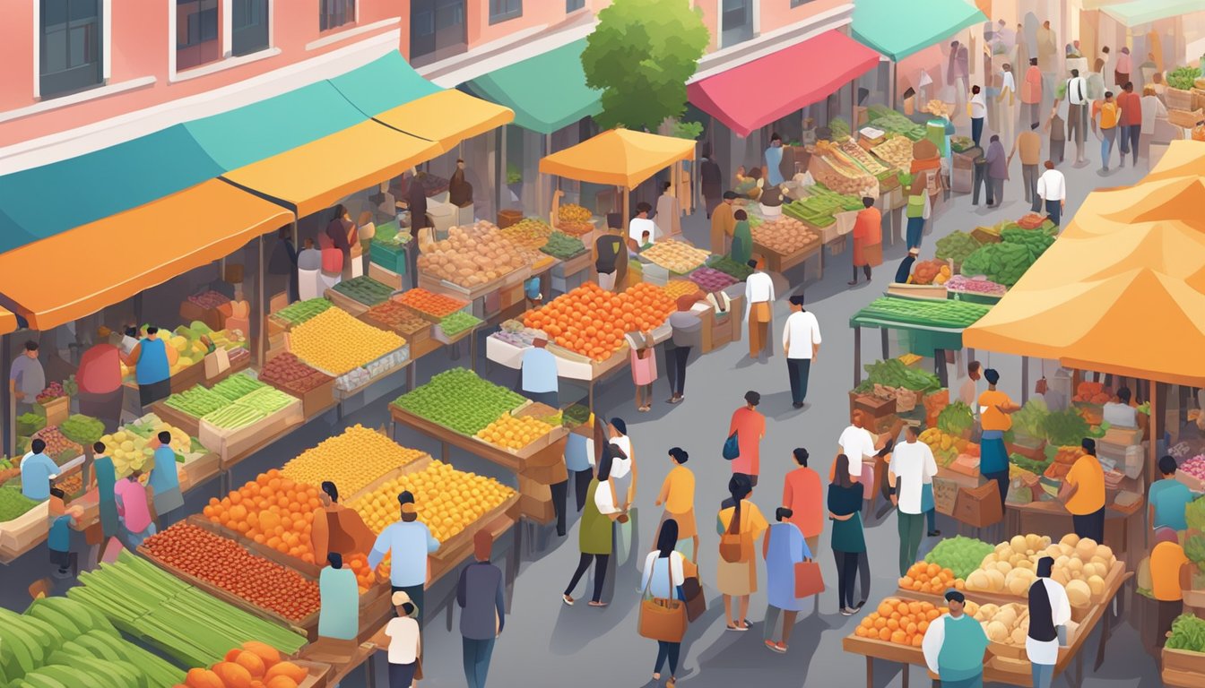 A bustling marketplace with colorful stalls and fresh produce, surrounded by artisanal food vendors and lively customers