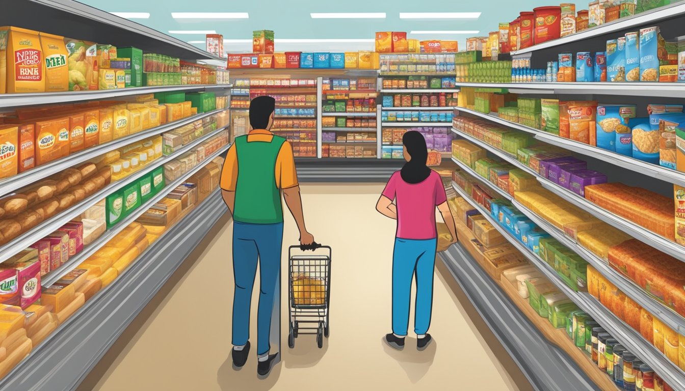 A display of HEB private label products, ranging from food to household items, showcased in a store aisle, with customers reaching for their favorite items