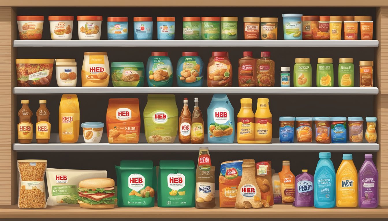 A display of HEB's private label products, showcasing their evolution from simple beginnings to beloved items, with customers eagerly selecting and purchasing them