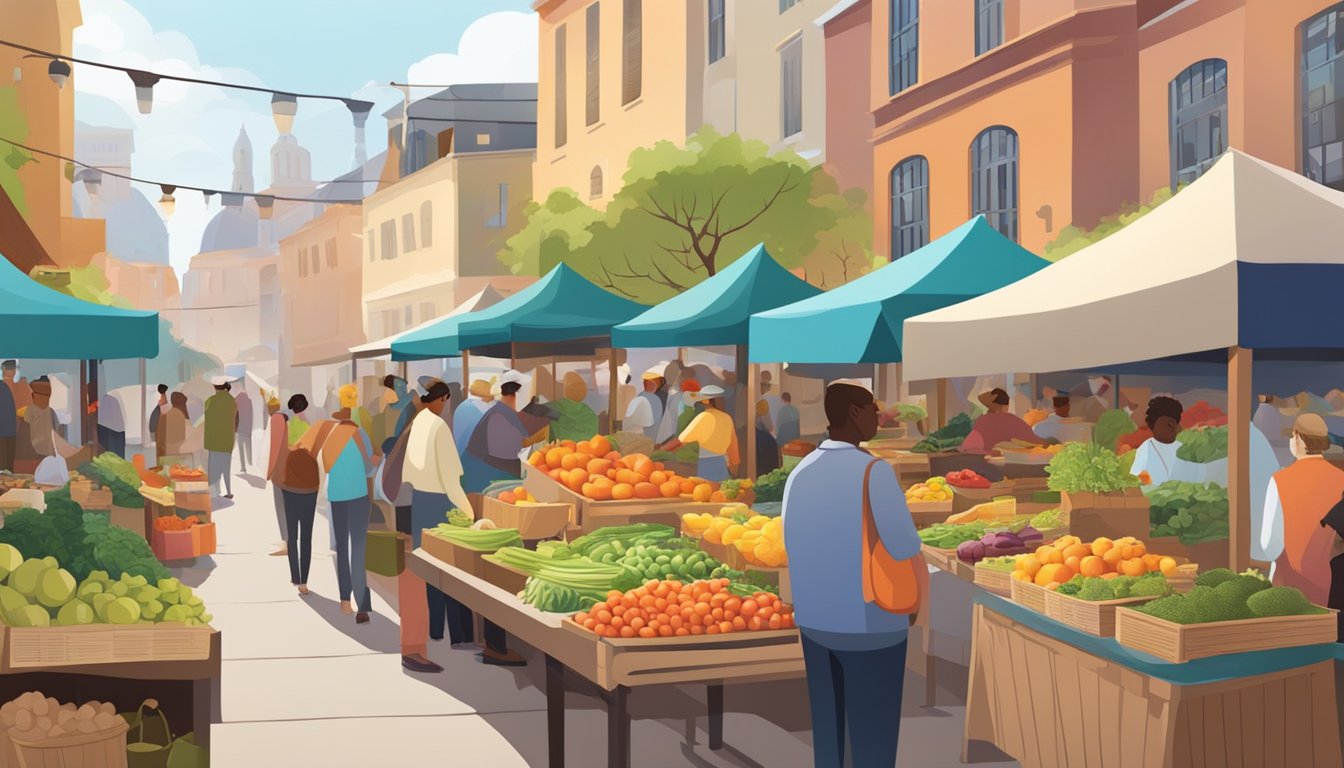 A bustling outdoor market with colorful stalls and a variety of fresh produce, artisanal foods, and gourmet products. Customers and vendors interact, creating a vibrant community atmosphere