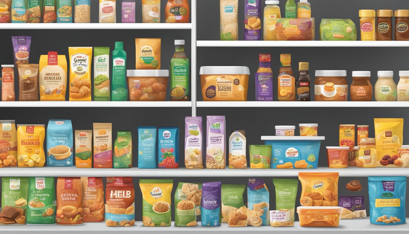 A diverse array of HEB's private label products displayed on shelves, surrounded by happy and engaged customers