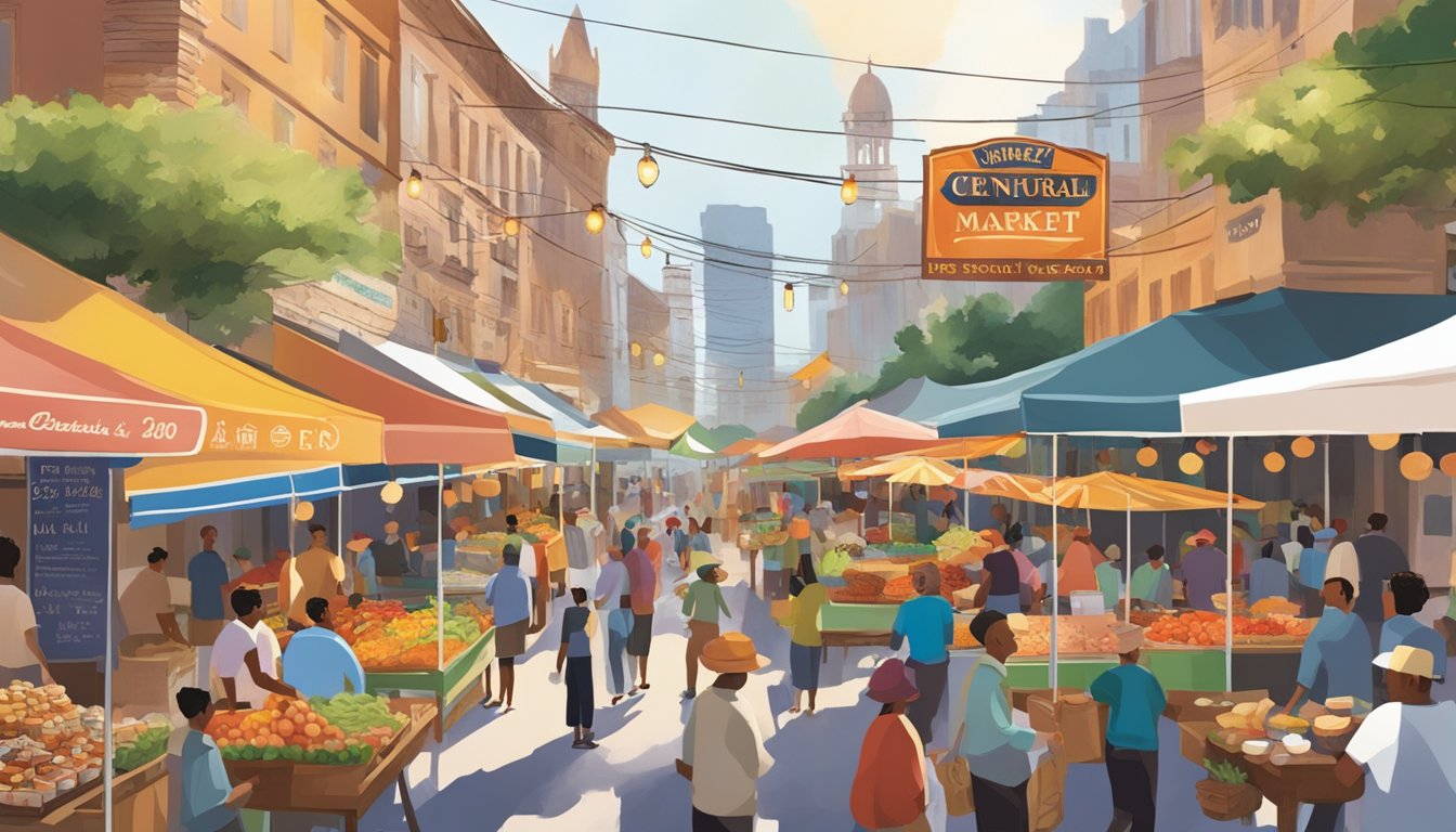 A bustling market with diverse food vendors, a vibrant atmosphere, and the Central Market sign prominently displayed. Outdoor seating and colorful awnings add to the lively scene