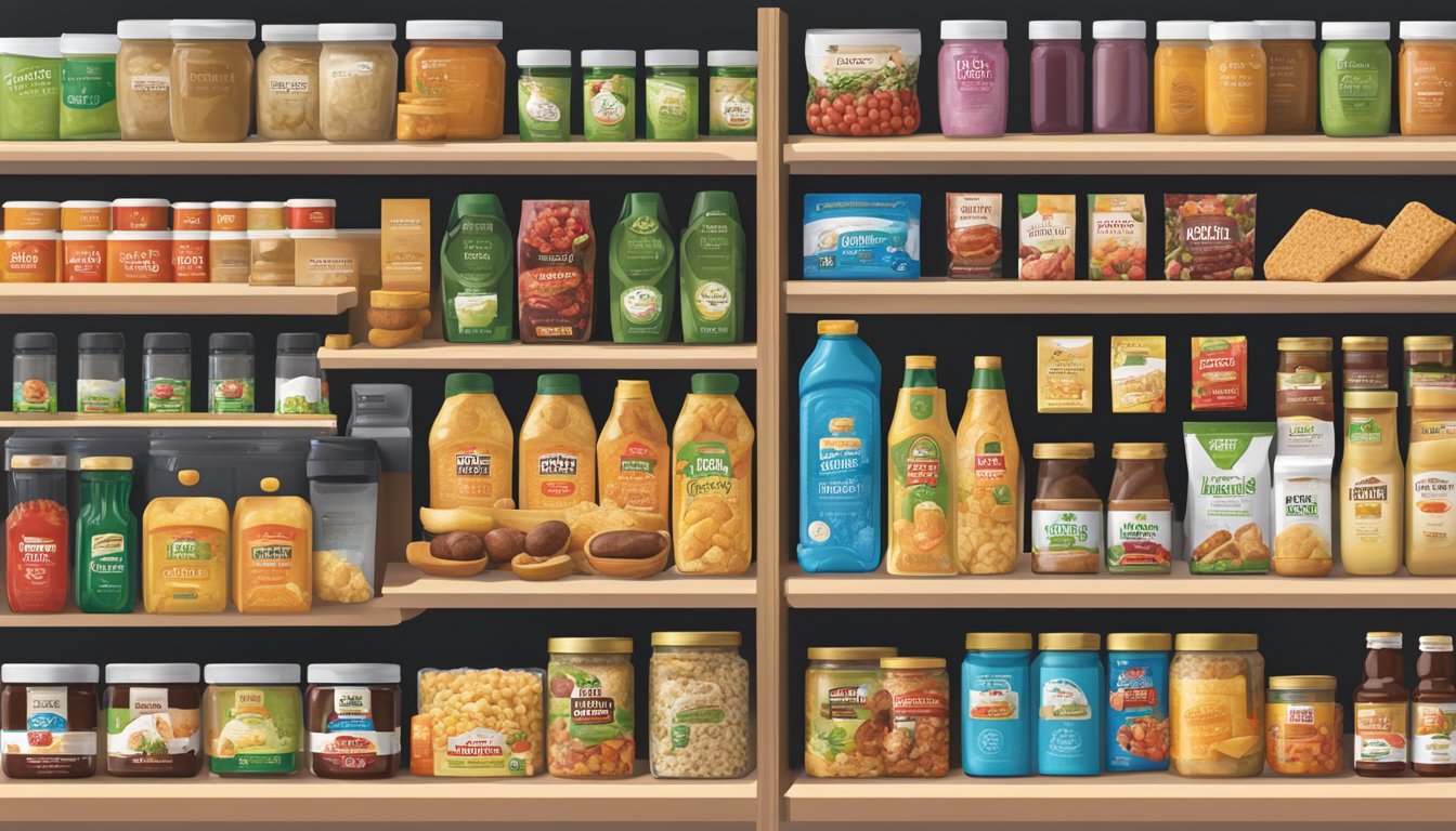 A display of HEB's private label products, from basic to premium, arranged in a visually appealing manner