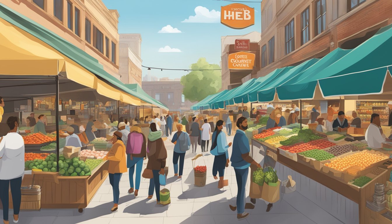 A bustling marketplace with colorful stalls and gourmet food vendors, surrounded by eager customers and a prominent sign reading "Central Market: HEB's gourmet subsidiary."