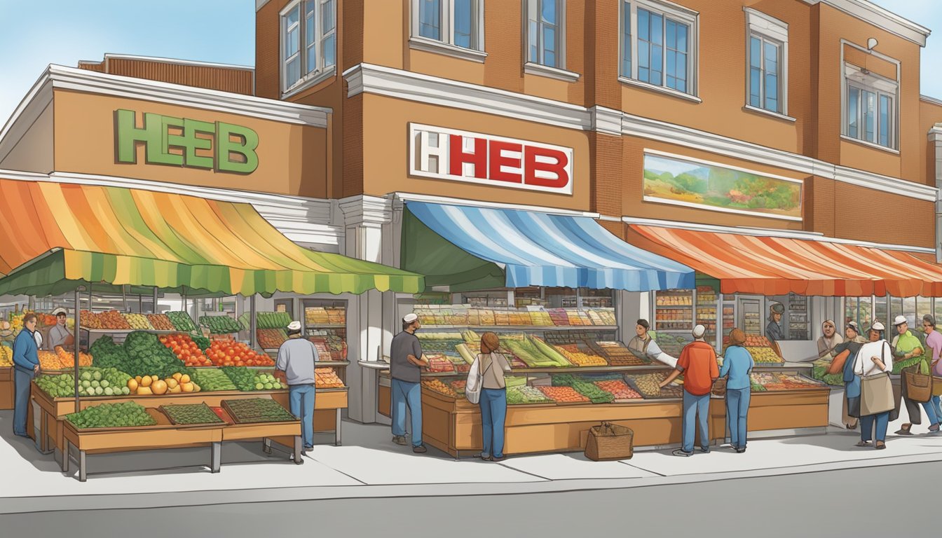 A bustling marketplace with vendors selling fresh produce, gourmet foods, and specialty products. The HEB logo prominently displayed on the storefront