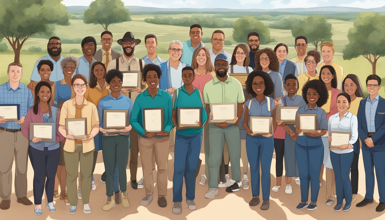 A group of educators from diverse backgrounds and subjects stand together, holding trophies and certificates, surrounded by a backdrop of the Texas landscape