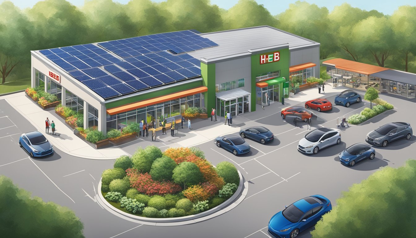 A bustling H-E-B store surrounded by lush greenery, with solar panels on the roof and electric car charging stations in the parking lot