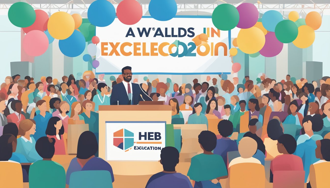 A podium with a microphone, surrounded by a crowd of educators, with a large banner displaying the HEB Excellence in Education Awards logo