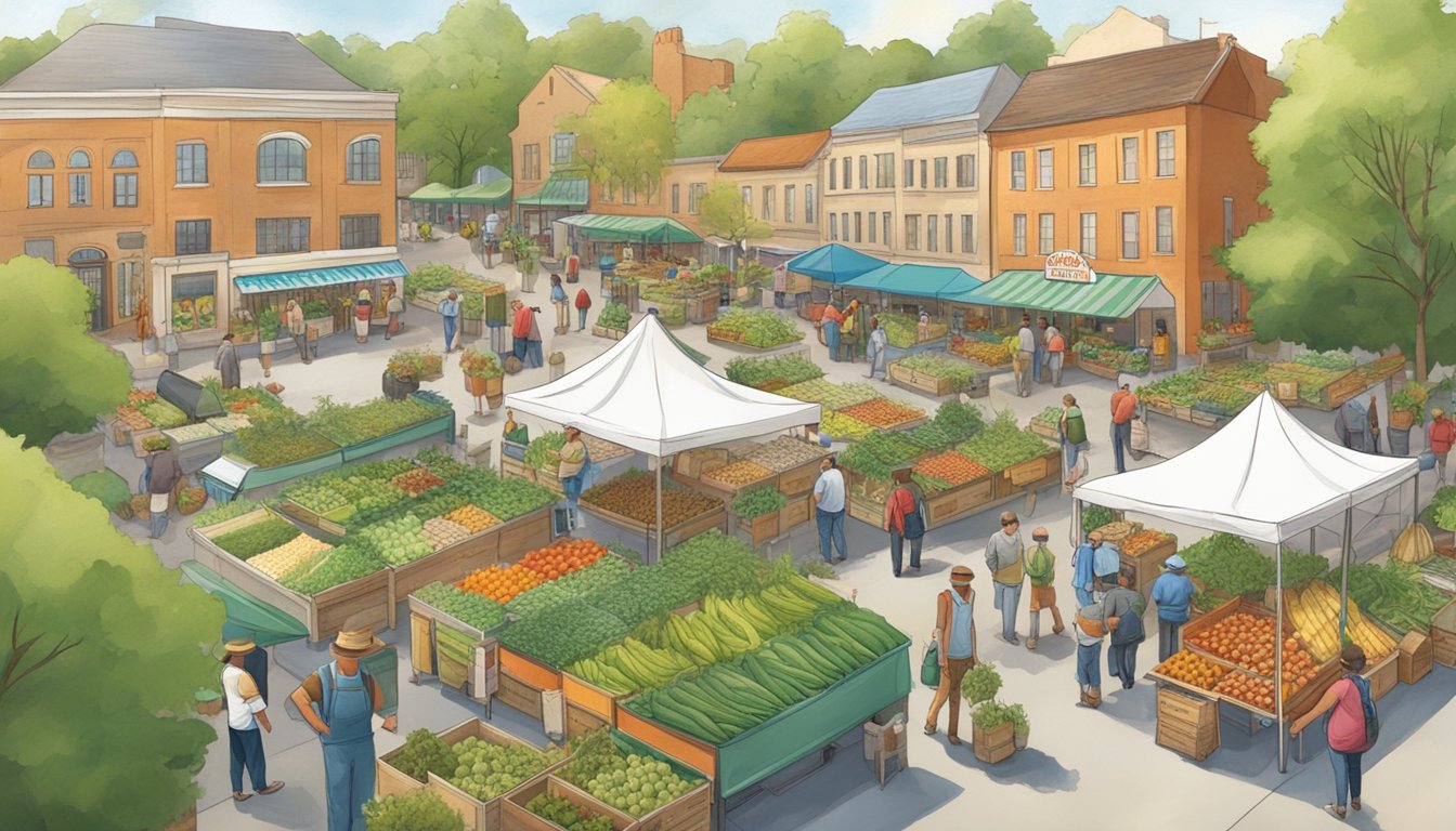 A bustling farmers' market with vendors selling local produce, reusable bags, and eco-friendly products. A recycling station and community garden are prominently featured