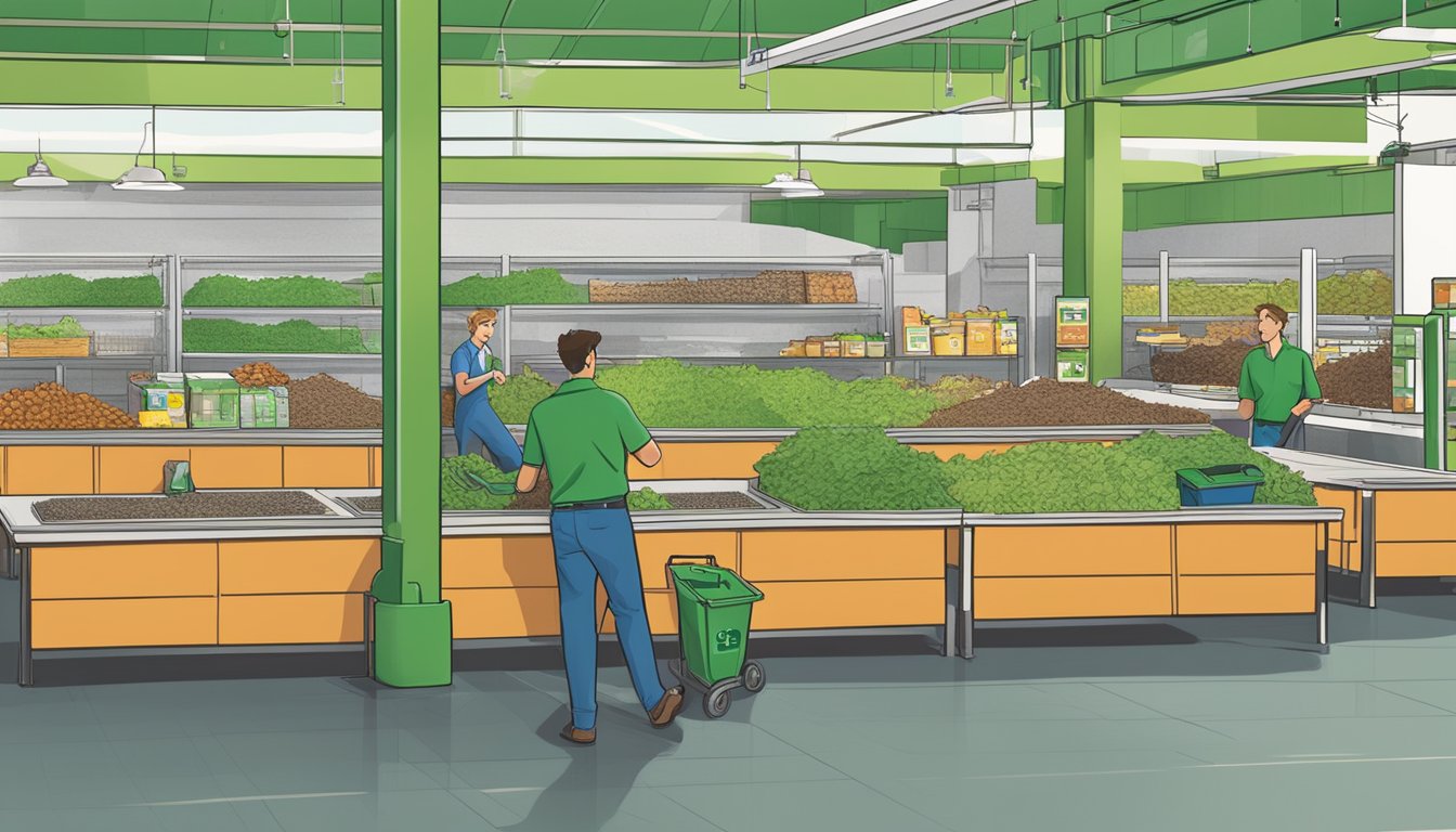 A bustling HEB store with recycling bins, composting area, and employees sorting waste. A green logo and signage promote sustainability