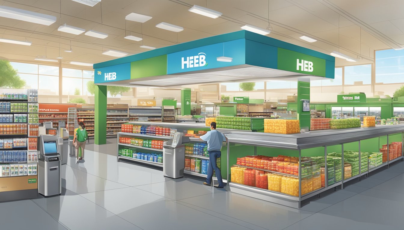 A bustling HEB store with solar panels on the roof, recycling bins, and eco-friendly products on display