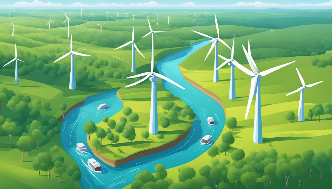 A Texas landscape with a vibrant green forest, clean flowing rivers, and a clear blue sky. Wind turbines and solar panels dot the horizon, showcasing HEB's commitment to sustainability