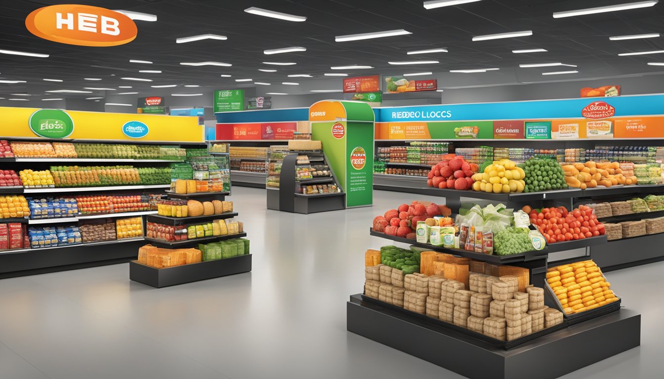 A colorful display of various grocery items arranged in a creative and eye-catching manner, with prominent signage showcasing the benefits of HEB's Combo Locos program