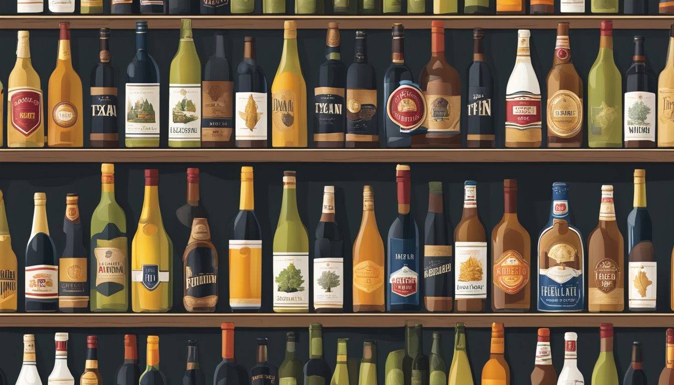 A shelf displaying a variety of wine and beer bottles, with Texan-themed labels and regional brands, surrounded by Texas-themed decor