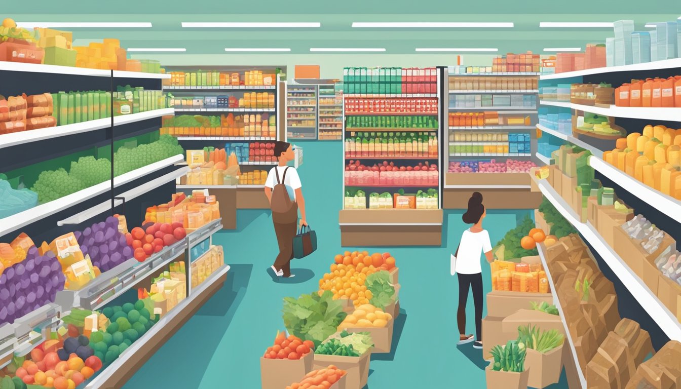 A busy grocery store aisle with colorful product displays and customers selecting items