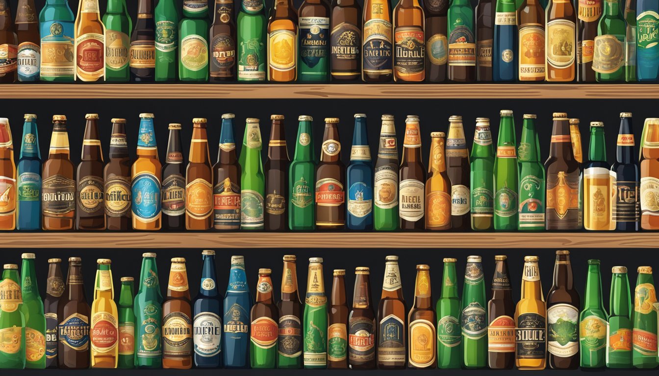 A shelf filled with a variety of beer bottles, each displaying colorful labels and unique designs, arranged neatly in rows