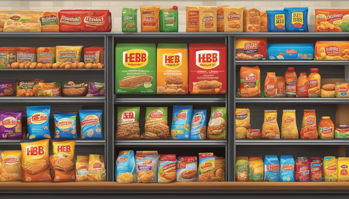 A colorful display of H-E-B's Combo Locos products next to competitors' items, with price tags and promotional signs