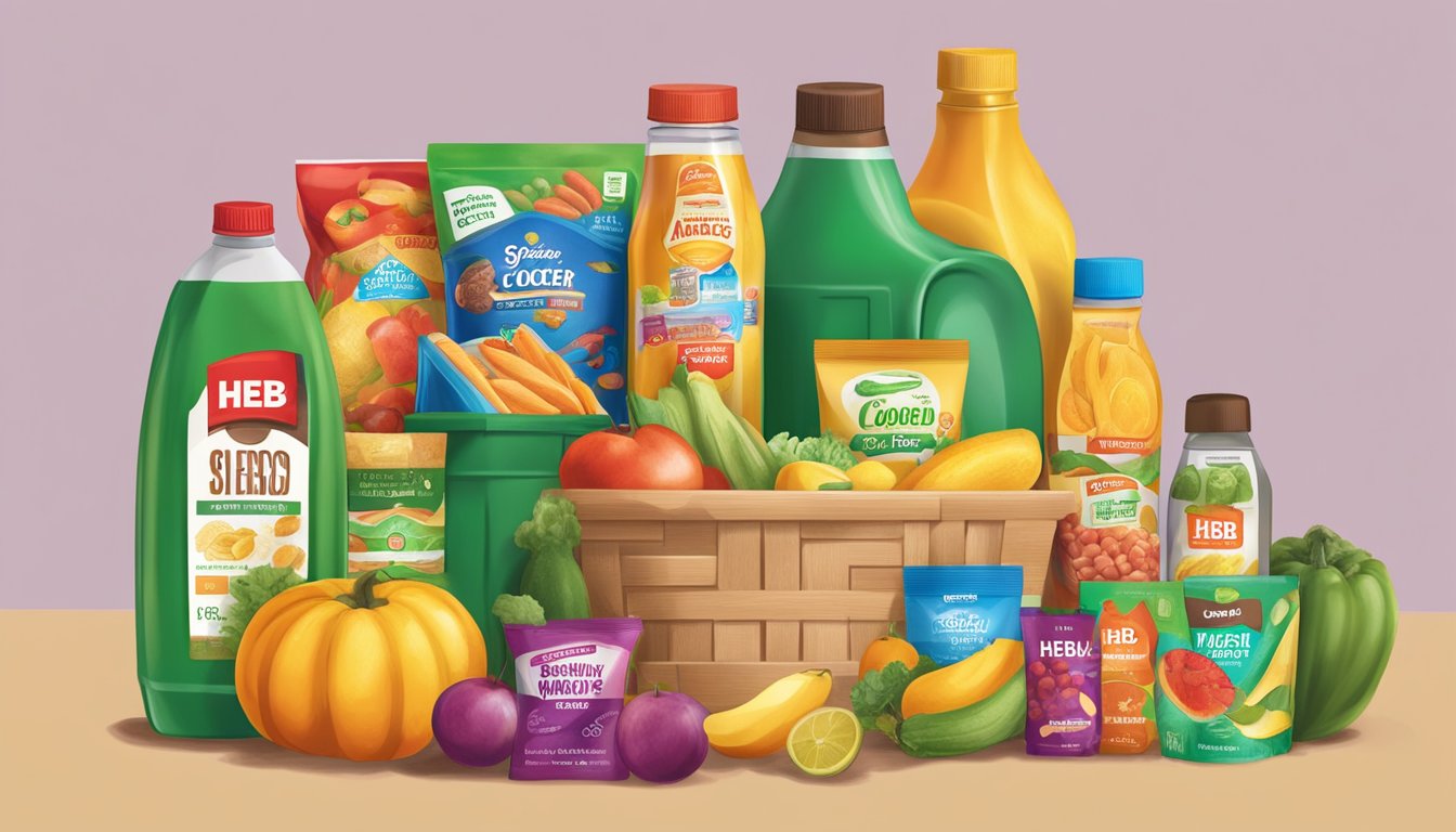 A colorful display of grocery items with Combo Locos tags, showcasing the variety of products included in HEB's money-saving program