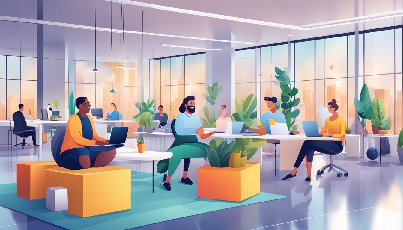 Employees enjoying a range of benefits, from health and wellness programs to flexible work arrangements, in a modern and vibrant office setting