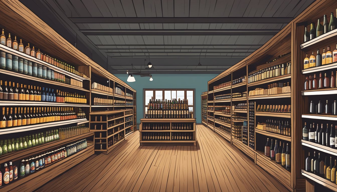 A spacious store aisle lined with shelves of Texas craft beer and wine, featuring rustic wooden displays and Texan-themed decor