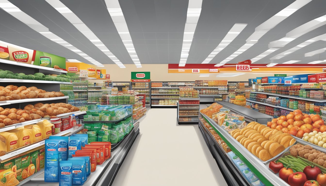 A bustling H-E-B Plus store with a wide variety of products, from groceries to electronics and household items, showcasing the evolution of the brand