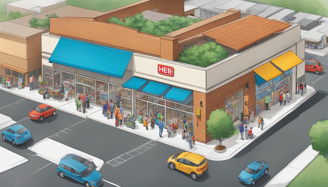 A bustling HEB plus! store surrounded by diverse neighborhoods and busy streets, with families and individuals of all ages entering and exiting the building