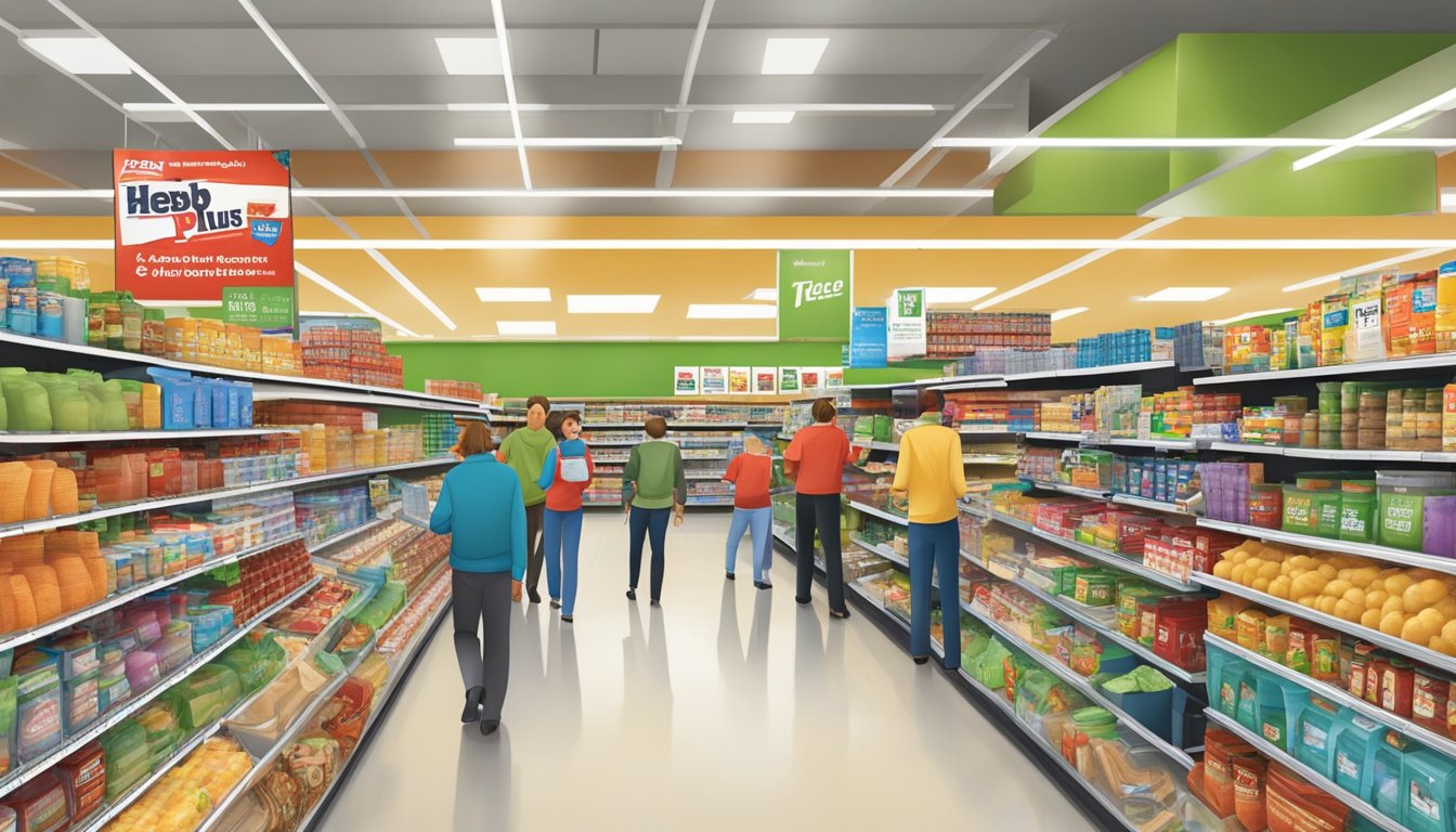 A bustling HEB plus! store with aisles of groceries, clothing, electronics, and household items. Customers browsing and employees restocking shelves