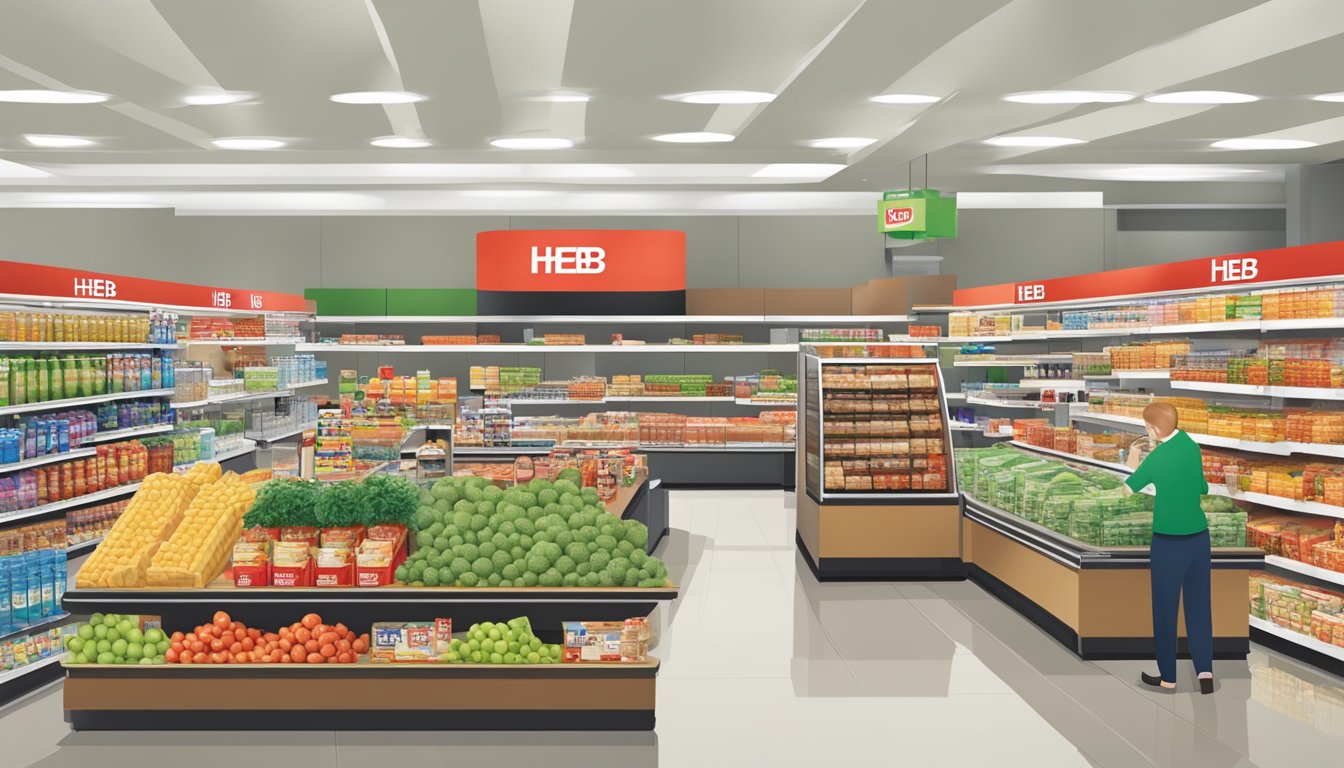 A bustling HEB plus! store with a variety of products, from groceries to electronics, showcasing its strong market position and competitive edge