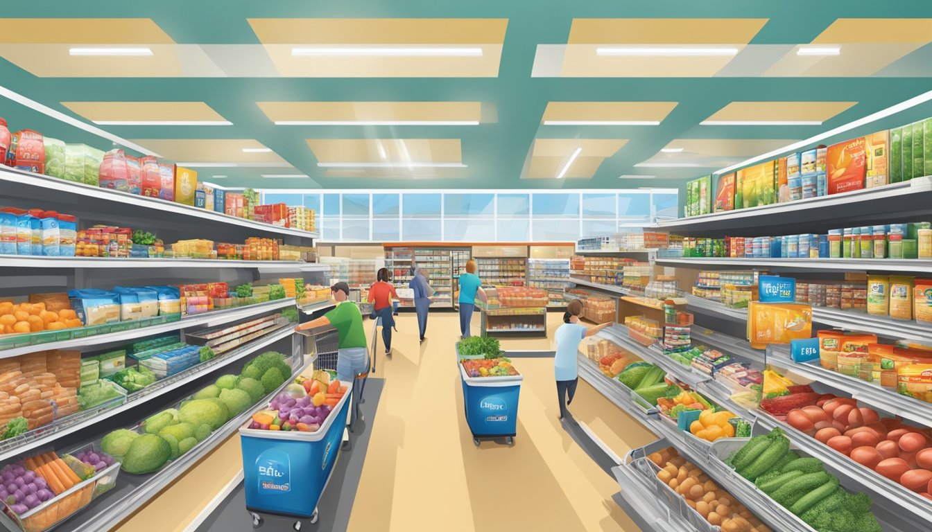 A bustling HEB plus! store with a wide variety of products, including groceries, electronics, clothing, and household items. Bright, clean, and modern atmosphere