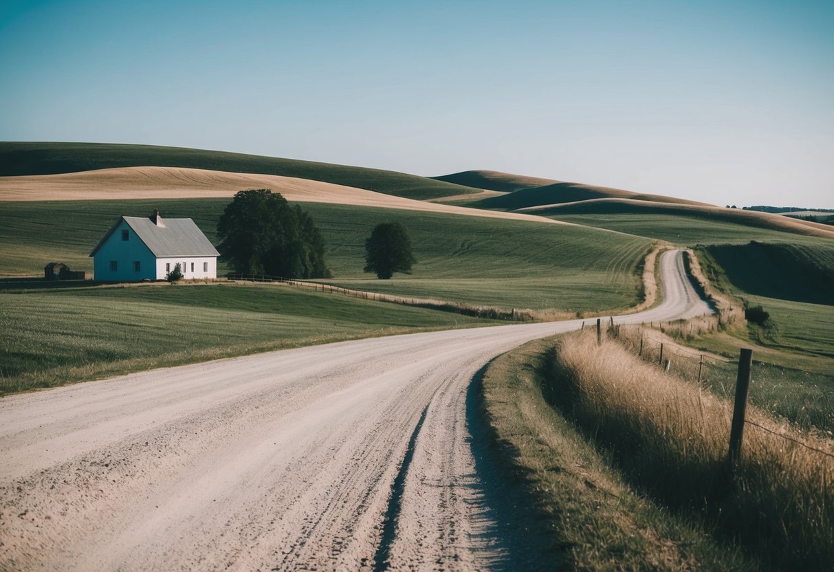 A rural landscape with a small farmhouse and a dusty road, surrounded by rolling hills and a clear blue sky