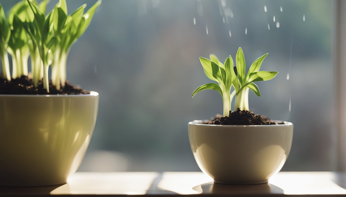 Garlic shoots sprout from soil in a ceramic pot on a sunny windowsill. A water mister and pebbles are nearby. Morning dew glistens on the leaves