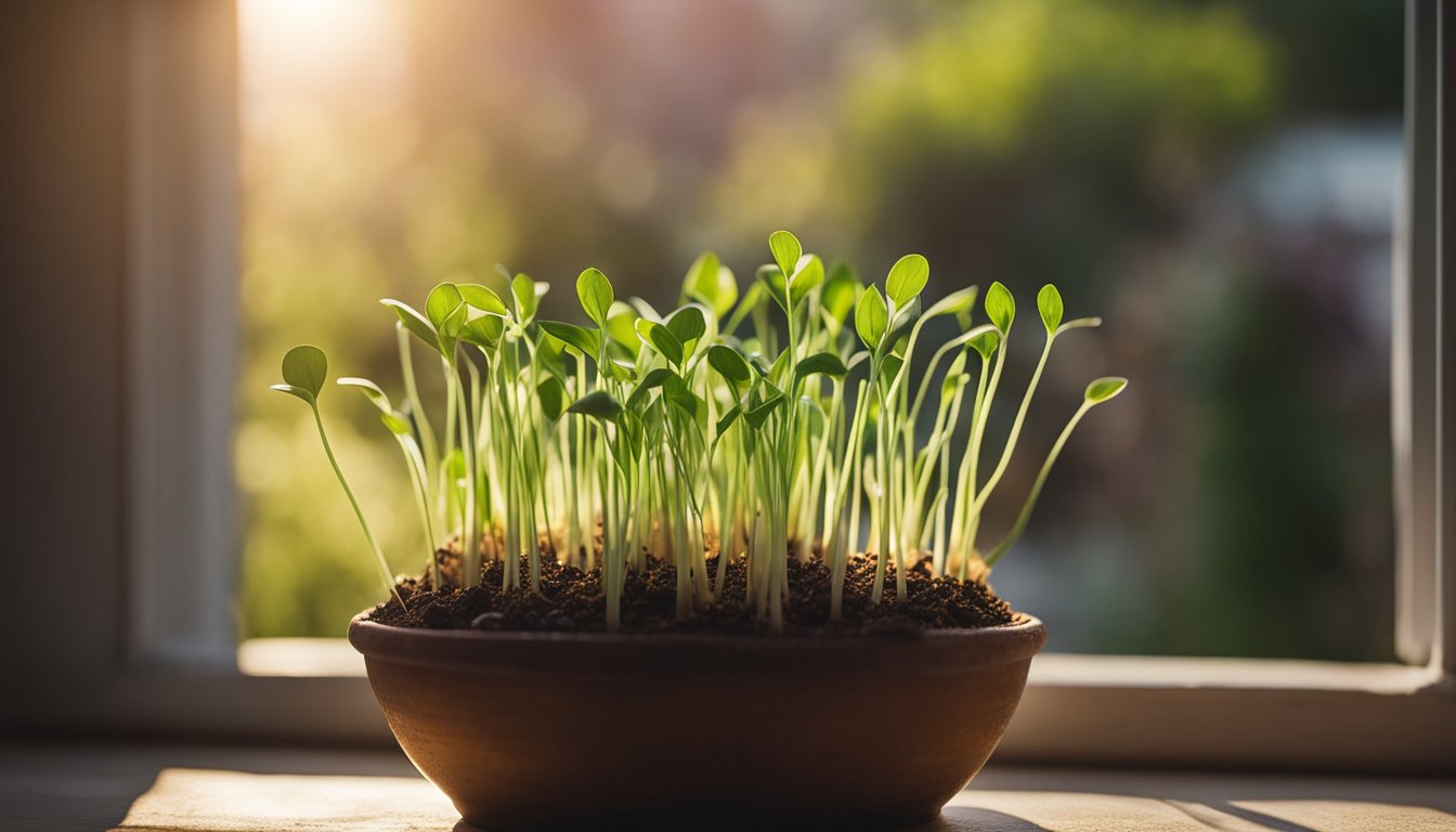 Fresh garlic shoots sprout from a clay pot on a sunlit windowsill, dew glistening on their vibrant green leaves. A small mister and pebbles complete the rustic scene