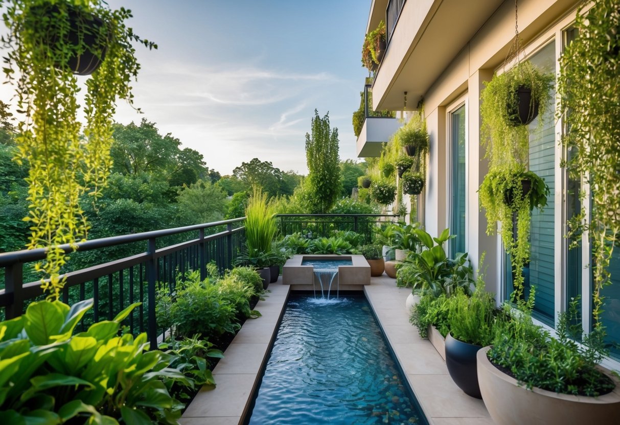 A balcony garden with lush greenery, natural materials, and flowing water features, creating a tranquil and inviting biophilic design