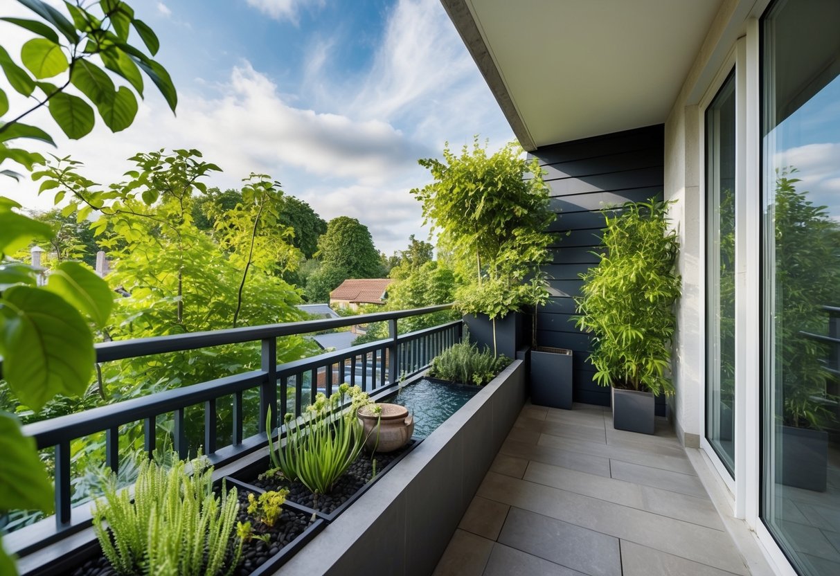 A balcony garden with natural elements, such as plants, water features, and natural materials, creating a harmonious and biophilic design