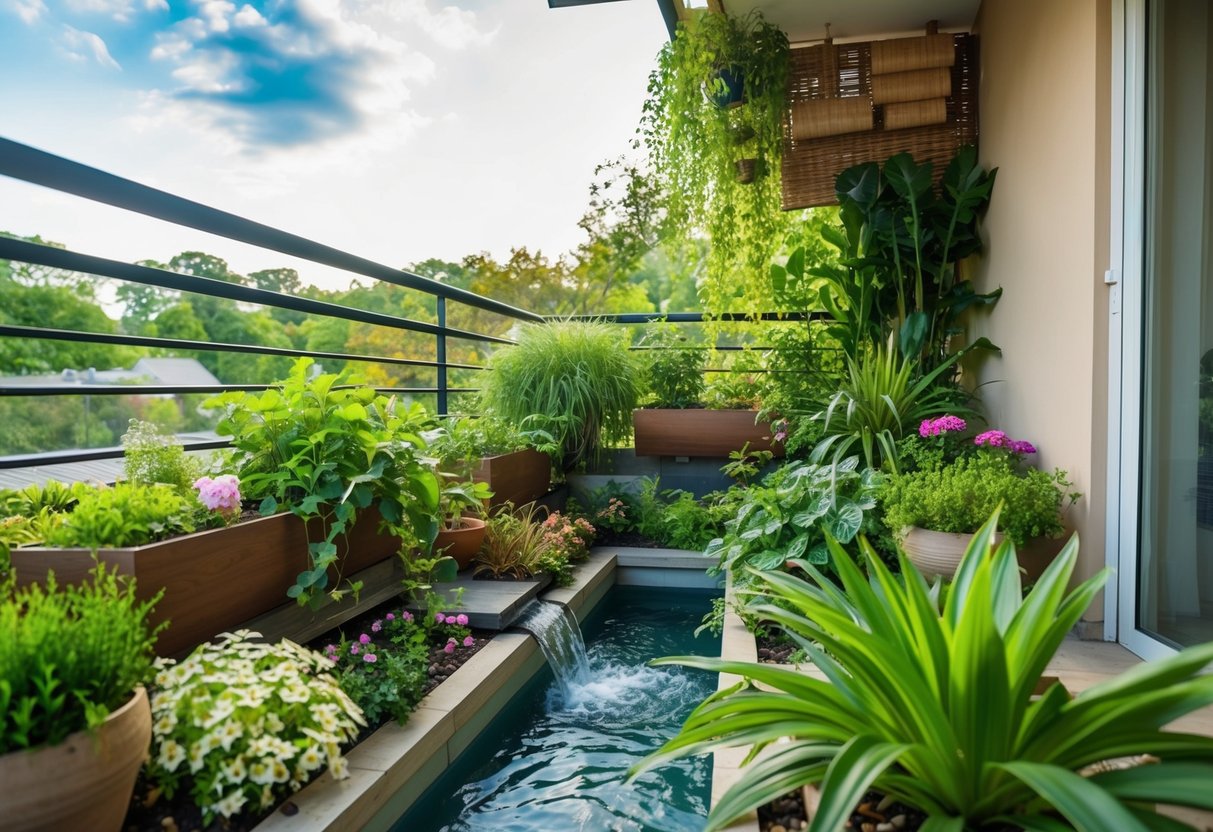 A balcony garden with natural materials, flowing water, and abundant greenery, surrounded by plants and flowers, creating a tranquil and rejuvenating space