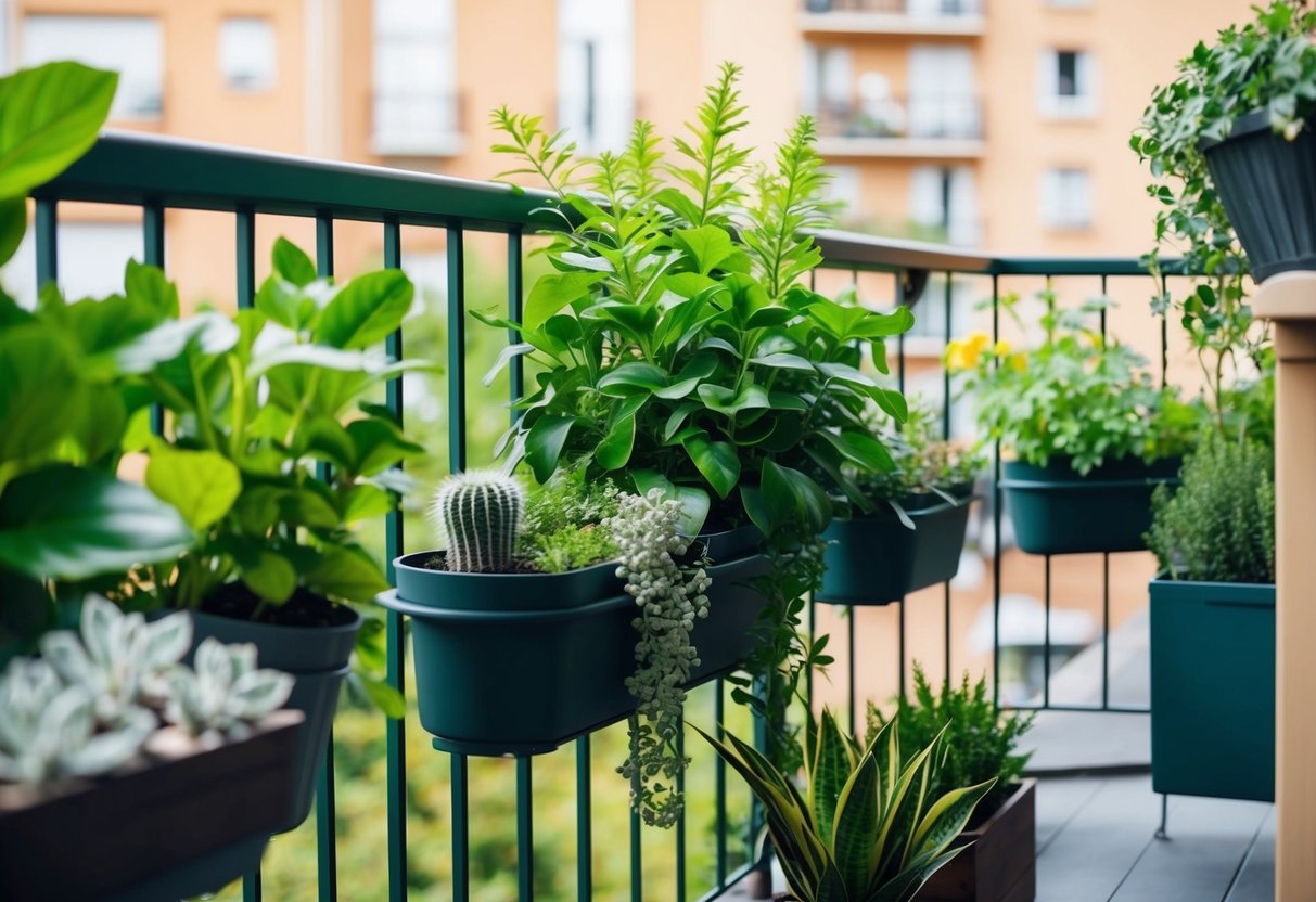 A balcony garden with lush green plants and natural materials arranged in a harmonious and visually appealing way