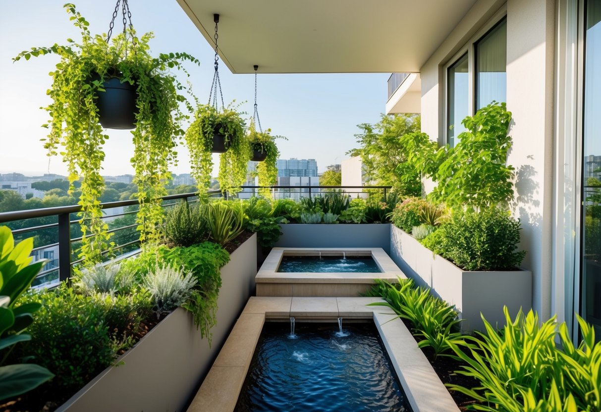 A balcony garden with lush greenery, natural materials, and flowing water features, blending seamlessly with the surrounding urban landscape