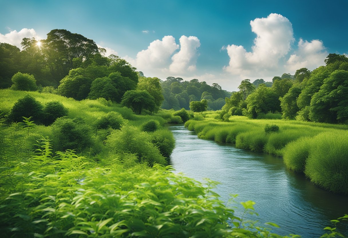 A lush green landscape with flowing rivers and clear blue skies, surrounded by vibrant and diverse plant life